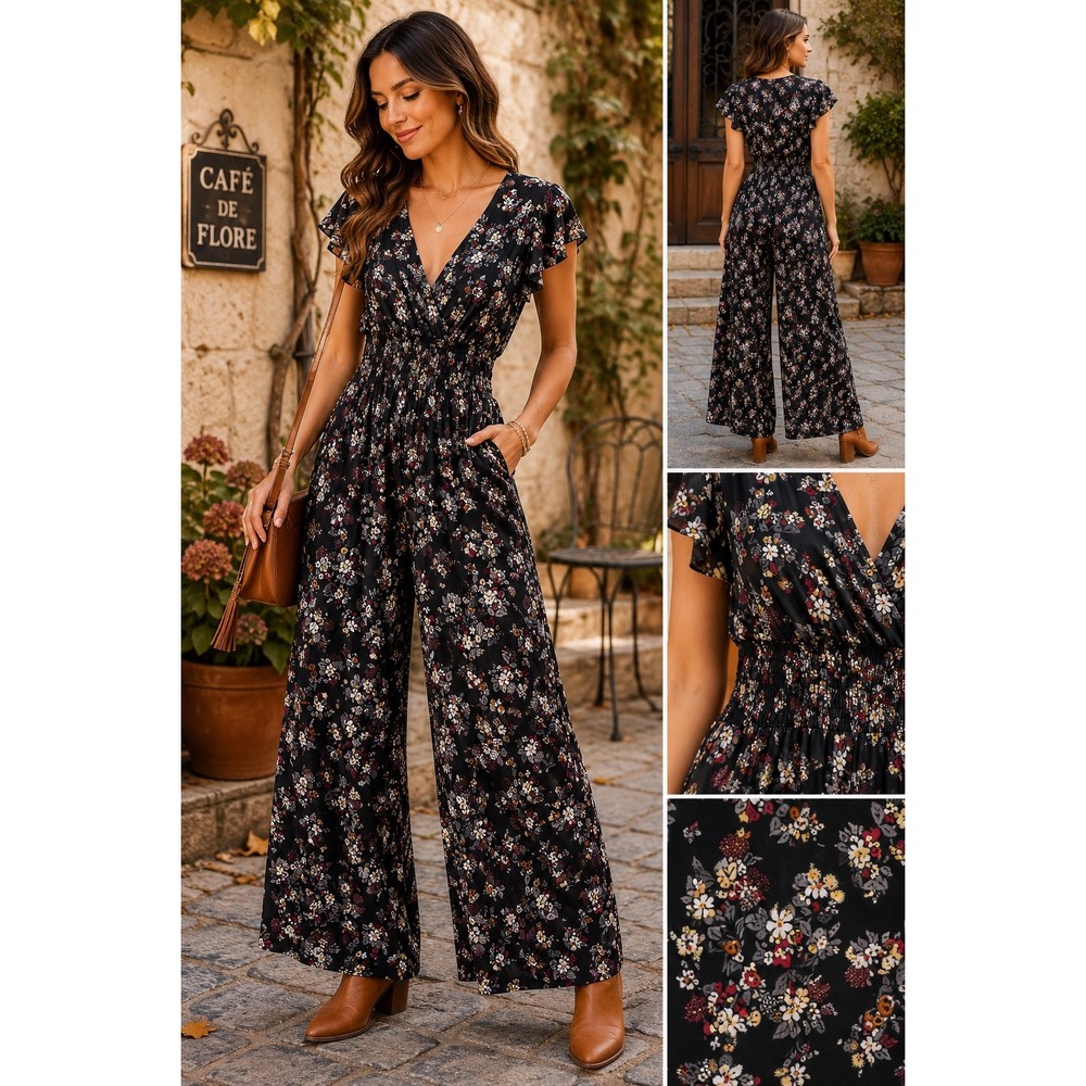 Black Floral V-Neck Smocked Waist Jumpsuit with Pockets Short Sleeve